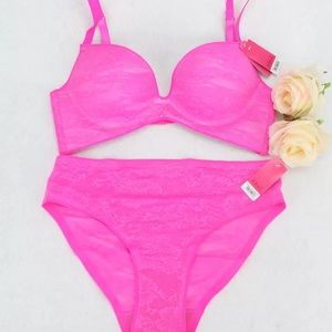 Hot Pink Molded Lace Push-Up Bra & Panty